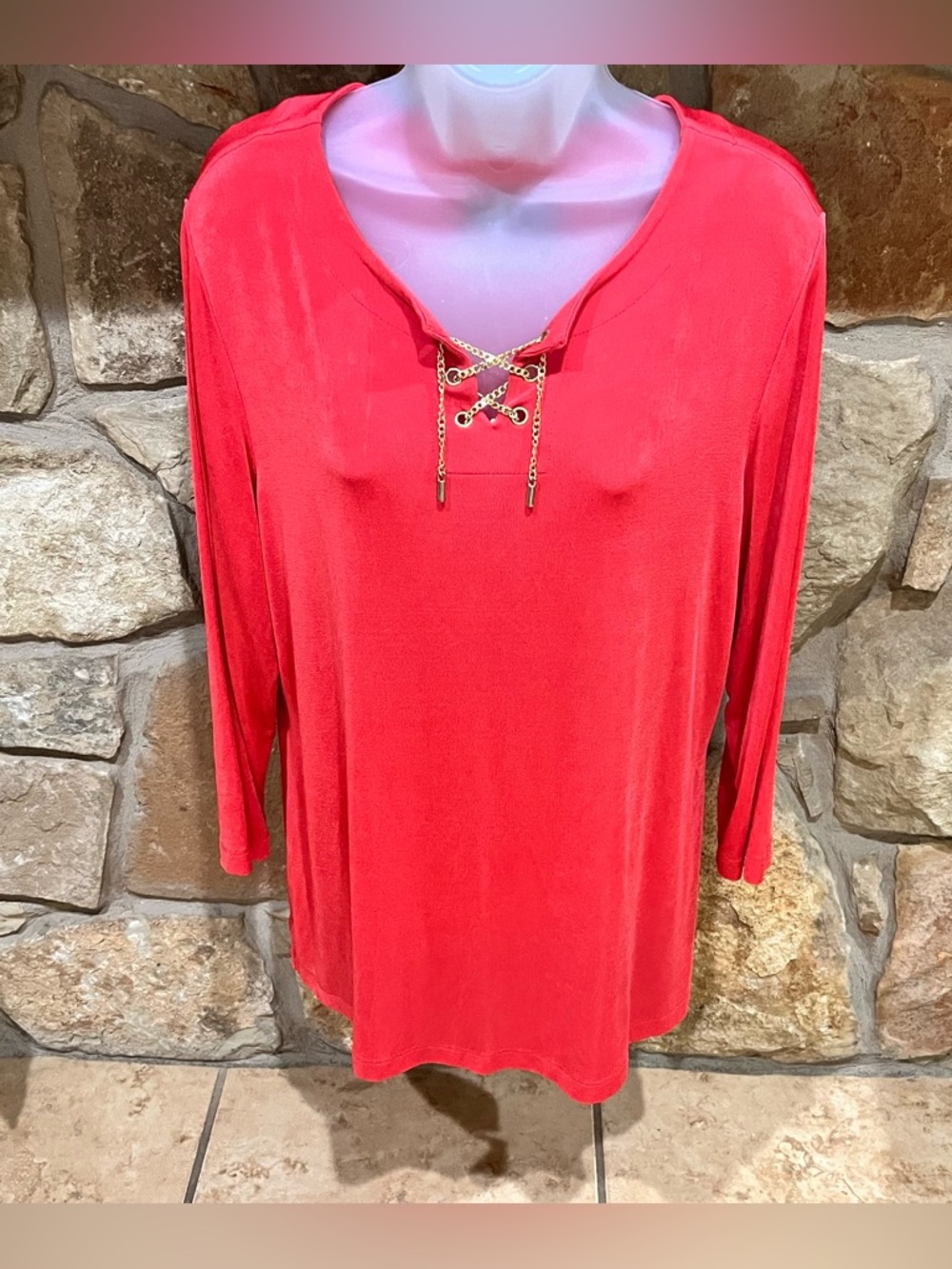 Travelers by Chico’s Slinky Red Knit Large Blouse Gold Tone Lacing Detail